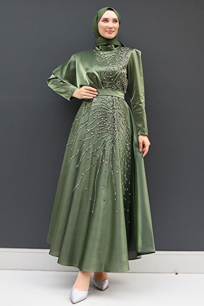 GİZ AGİYİM فستان سهرة حجاب لون كاكي - Ayça