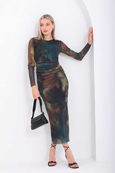 CİXAPLE Bisiklet Yaka Likralı Baskılı Tül Elbise