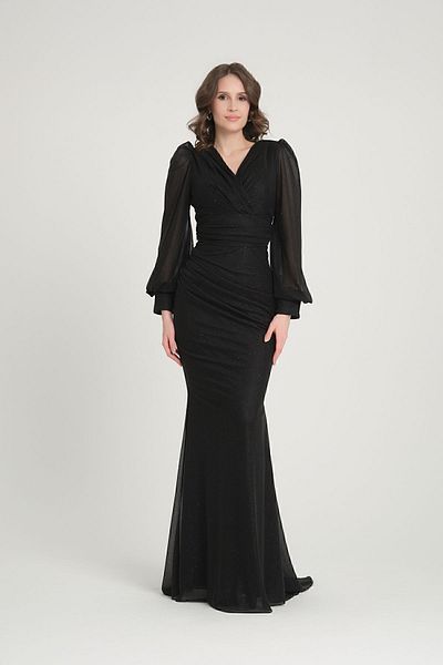 meksila women's double-breasted collar long-sleeved fish form bodice cuff detail glitter wedding invitation engagement evening dress