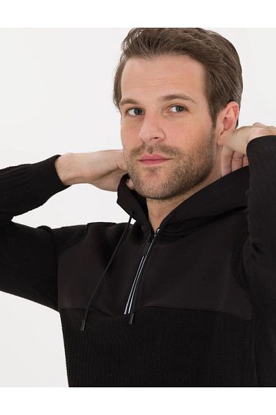 Pierre Cardin Men's Knitwear Sweater - Black, Slim Fit, Hooded