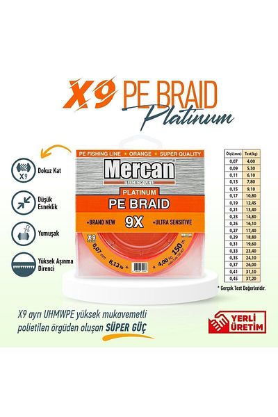 Mercan Pe Knitted Platinum X9 Orange Rope 150m Reel Fishing Line