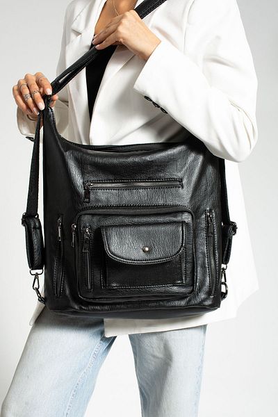 FiONA BAG Fiona Women's Black Backpack and Crossbody Bag 10 Compartment Large Bag