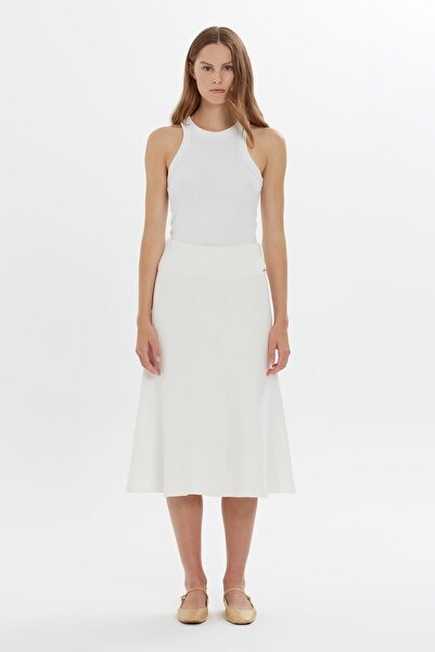GİZİA Logo Detaylı Yüksek Bel Midi Boy Ekru Triko Etek