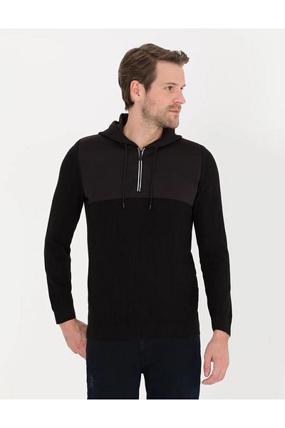 Pierre Cardin Men's Knitwear Sweater - Black, Slim Fit, Hooded