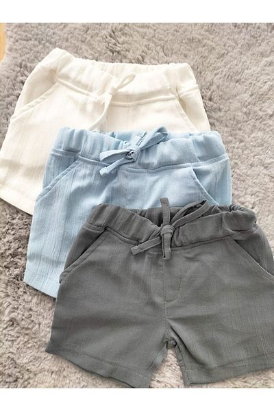 Butik طقم حفاضات من القطن للرجال مكون من 3 قطع - رمادي، أزرق، إكرو شورت للأطفال والرضع مع جيوب بخصر مطاطي