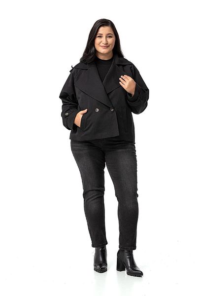 DISENTIS MODEST Black Oversize Short Trench Coat - Pockets, Lined, Mono Collar - Large Size