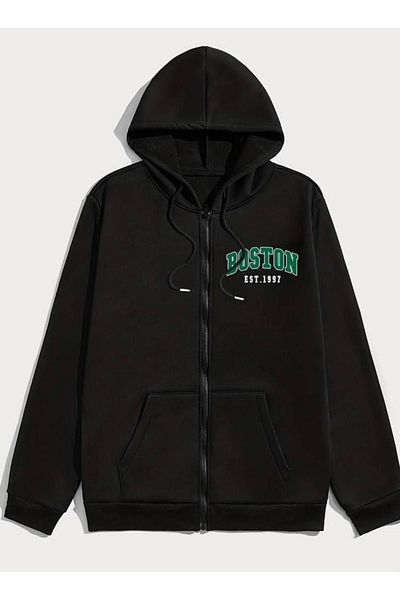 NO 601 Ανδρική μαύρη ζακέτα Boston Printed - με φερμουάρ