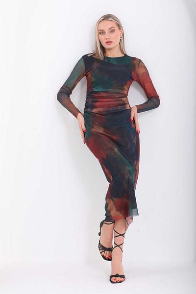 CİXAPLE Crew Neck Lycra Printed Tulle Dress