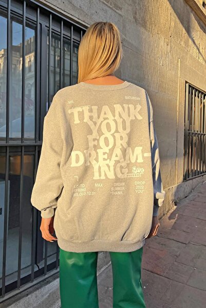 Swist Gray Thank You Printed Cotton Women's Sweatshirt