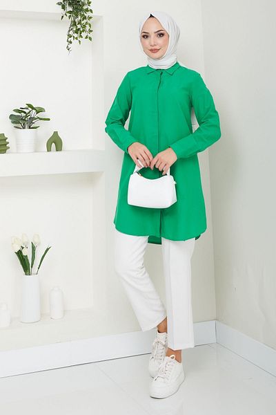 Eliva Cămașă musulmană Benetton Green Tericoton pentru femei, cu nasturi ascunși