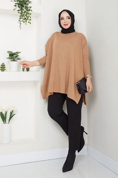 LE CARAMBOLE Hijab Knitwear Oversize Slit Γυναικείο Πουλόβερ - Μπισκότο