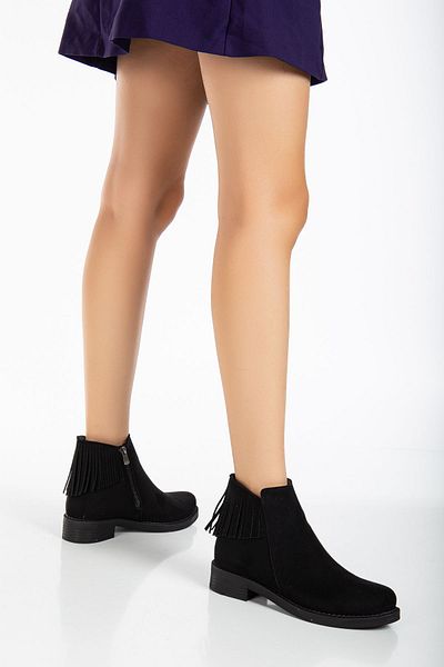 Tonny Black Γυναικείες μαύρες σουέτ Thermo Sole Tassel Λεπτομερείς κοντές μπότες με φερμουάρ