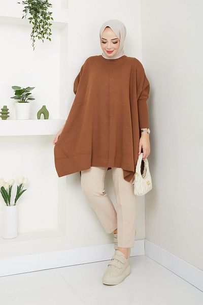 LE CARAMBOLE Oversize Tan Hijab Knitwear Γυναικείο πουλόβερ - με λεπτομέρεια με σκίσιμο