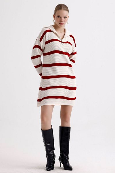 MD trend Tunica de tricotaj cu dungi supradimensionate cu model - Rochie de dama cu guler cu fermoar