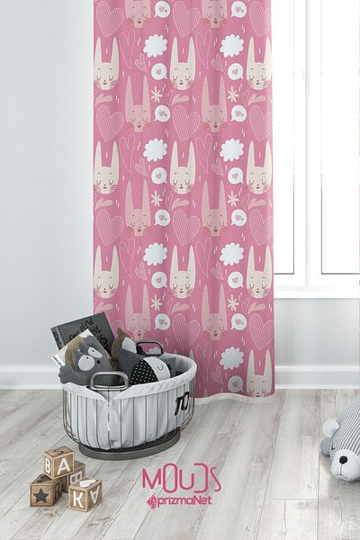 Moud's Single Wing Love and Cat Patterned Suede Background Curtain - Children's and Baby's Room Extra Size