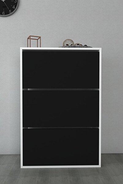 Ersinan Mobilya Siyah 3 Kapaklı Kayar Raflı Ayakkabılık