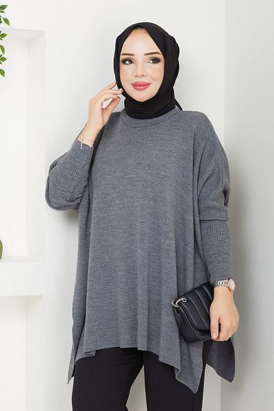 LE CARAMBOLE Ανθρακί Πλεκτό Γυναικείο Πουλόβερ Oversize Slit
