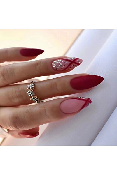 TipsArt Simli Kırmızı Mat Badem 24’lü Takma Tırnak Seti ve Zararsız Yapıştırıcı