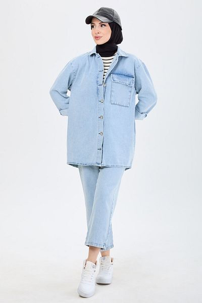 TOFİSA Women's Jeans Pocket Shirt and Mom Jeans Pants Bottom Top Set - 23671