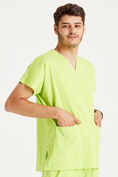 Moodamedikal Neon Yeşil Renk Likra Kumaş Cerrahi Tek Üst Forma V Yaka