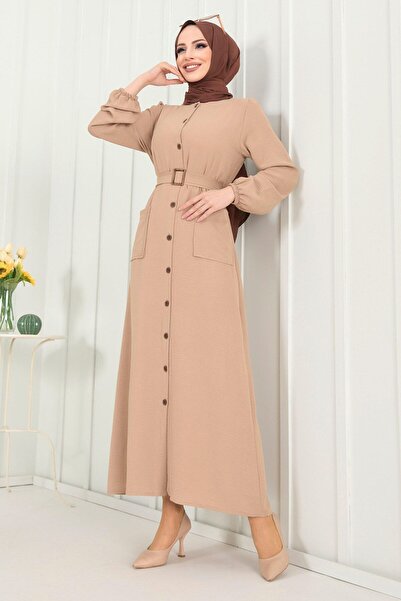 TOFİSA Beiges gerades mittellanges Damenkleid - 11659