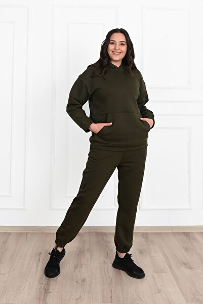 Koza Butik Γυναικείο σετ φόρμας με κουκούλα, τριών κλωστών, μεγάλου μεγέθους ...