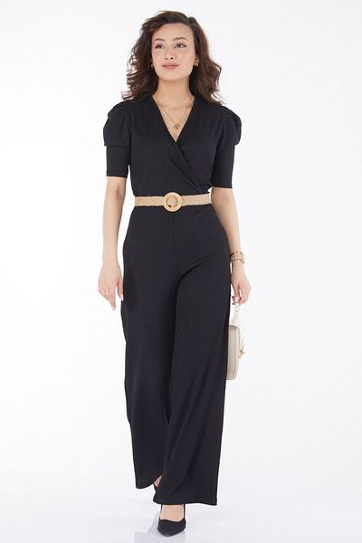 TOFİSA Black Belted Straight Double Breasted Women's Jumpsuit - 24659