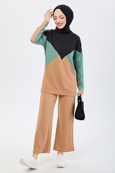 TOFİSA Green Women's Tunic Trousers - Straight Crew Neck - 11335