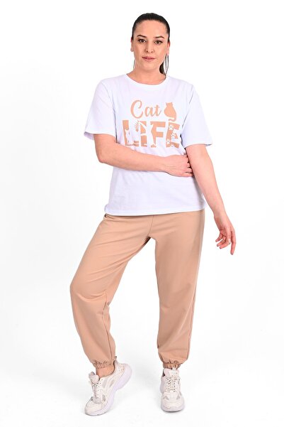 Koza Butik Σετ γυναικεία αθλητική φόρμα σε μεγάλο μέγεθος - κοντό μανίκι με λεπτομέρεια στάμπας 3637-23