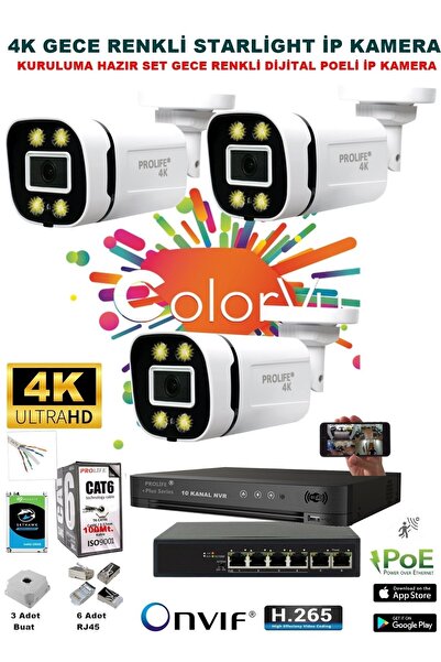 PROLİFE 3 Kameralı Sesli 4k 1440p Full Hd Poeli Ip Kamera Gece Renkli Ultra Hd Çözünürlük Kamera Sistemi