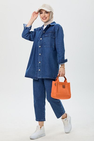 TOFİSA Women's Jeans Pocket Shirt and Mom Jeans Pants Bottom Top Set - 23671