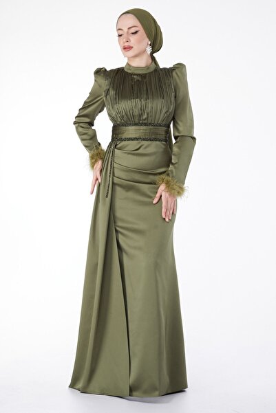 TOFİSA Gładka damska suknia wieczorowa z kołnierzykiem w kolorze khaki, z kołnierzykiem z piór i plisowaną suknią wieczorową - 24885