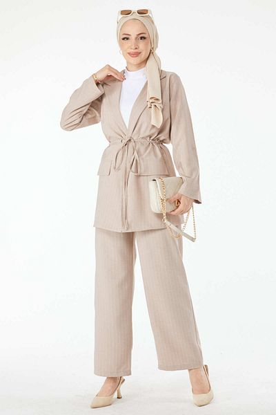 TOFİSA Beige Striped Women's Jacket and Trousers Set - Straight Jacket Collar - 24511