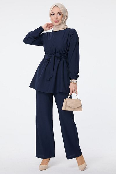 TOFİSA Navy Blue Women's Tunic-Pants Set Plain Crew Neck - 13058
