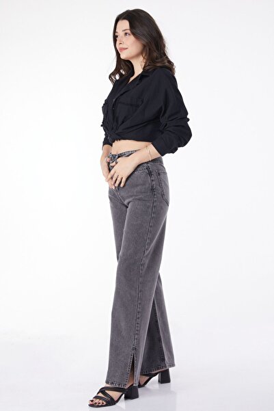 TOFİSA Blugi drepti medii de damă negri cu crestă în față - 25089