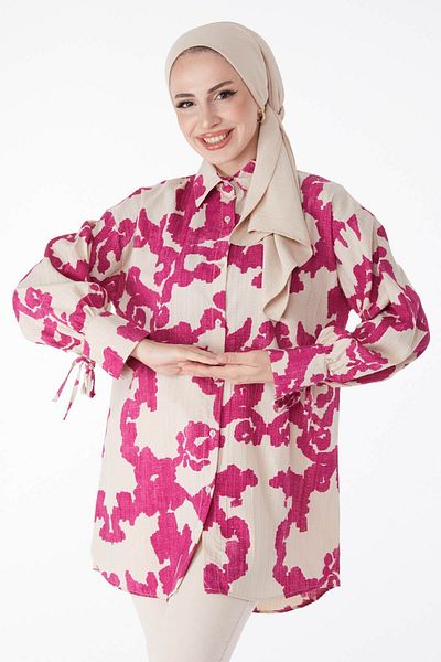 TOFİSA Flat Shirt Collar Women's Fuchsia Patterned Shirt - 25258