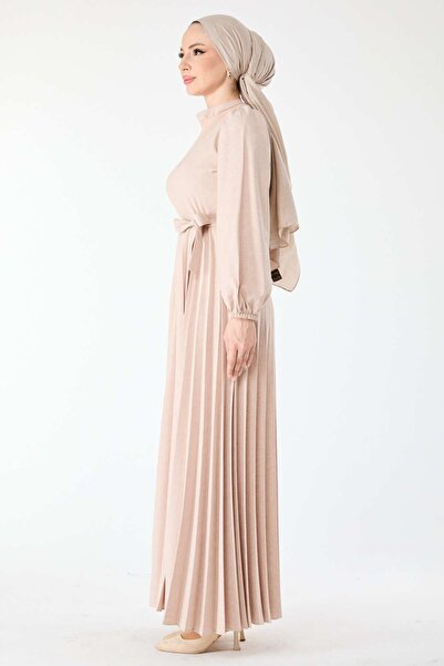 TOFİSA Beżowa, plisowana, szczegółowa sukienka damska z długim rękawem – prosty kołnierzyk – 24427