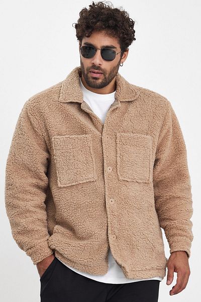 MADZEYMODA Мъжко зимно поларено яке - с подплата, закопчаване с копчета, цвят норка, плюш Mz86059