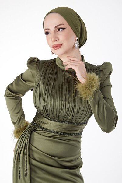 TOFİSA Gładka damska suknia wieczorowa z kołnierzykiem w kolorze khaki, z kołnierzykiem z piór i plisowaną suknią wieczorową - 24885