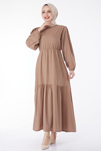 TOFİSA Düz Bisiklet Yaka Kadın Vizon Beli Bağcıklı Elbise - 13144