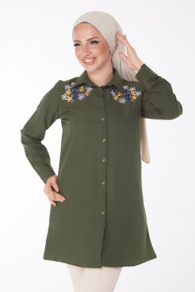 TOFİSA Koszula damska w kolorze khaki z haftem i prostym kołnierzykiem - 13167