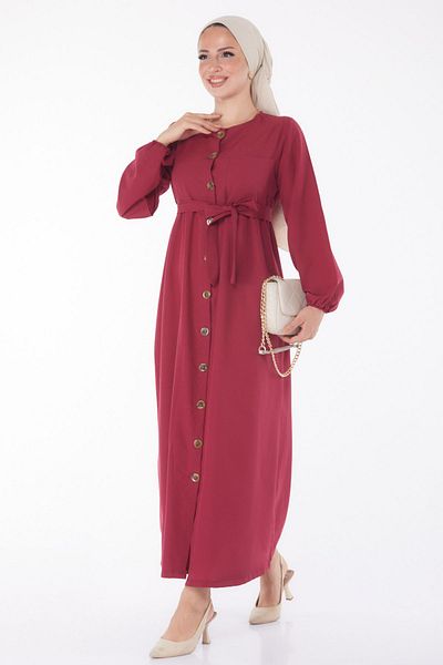 TOFİSA Claret Red Women's Dress - Plain Crew Neck - 13206