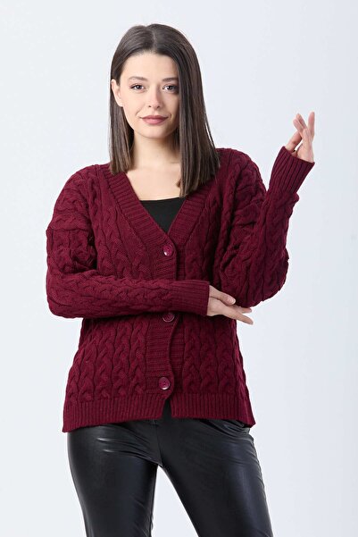 TOFİSA Claret Red Knitwear Women's Cardigan - Plain Jacket Collar - 24033