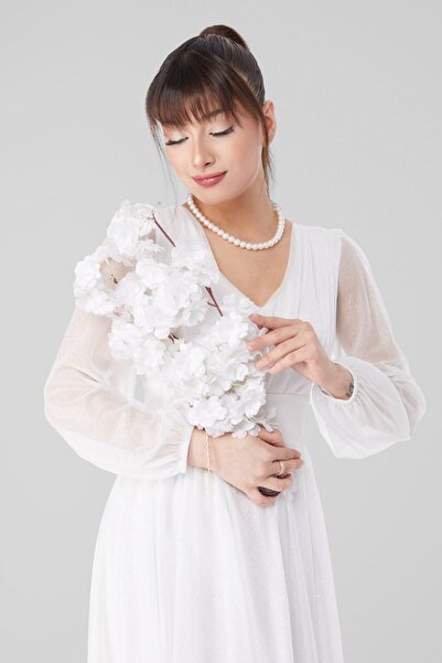 TOFİSA Ίσιο μεσαίο γυναικείο λευκό φόρεμα με λαιμόκοψη V - 25103