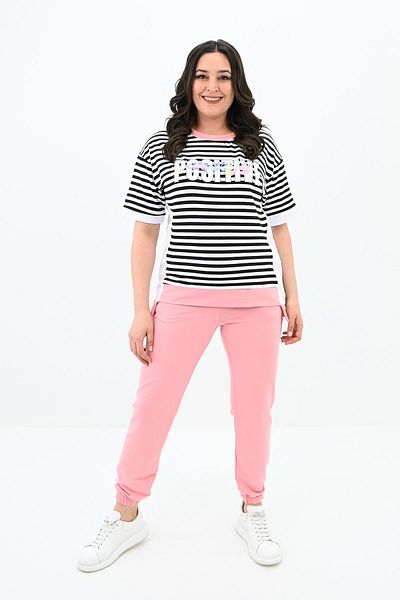 Koza Butik Γυναικείο Σετ Φούτερ με ρίγες Plus Size 8106-24