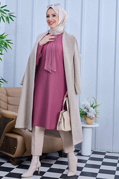 TOFİSA تونيك نسائي برقبة دائرية باللون الوردي - 10798