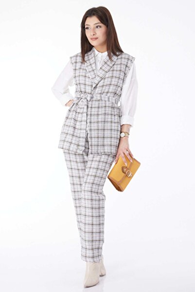 TOFİSA Yellow Women's Vest and Trousers Set - Straight Jacket Collar - 13117