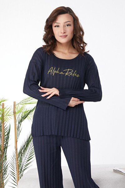 TOFİSA Navy Blue Printed Women's Pajamas Set - Plain Crew Neck, Long Sleeve - 24665