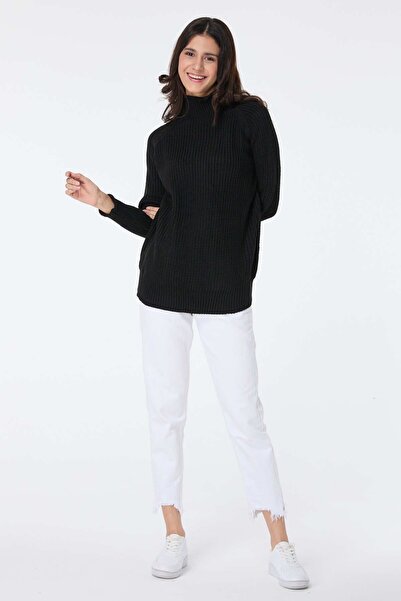 TOFİSA Pulover negru din tricotaje - Gât simplu pe jumătate, femei - 23516