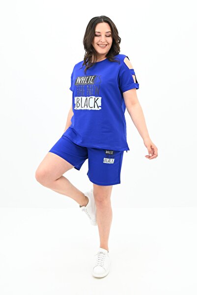 Koza Butik Women's Open Shoulder Detailed Text Printed Large Size Shorts Suit...